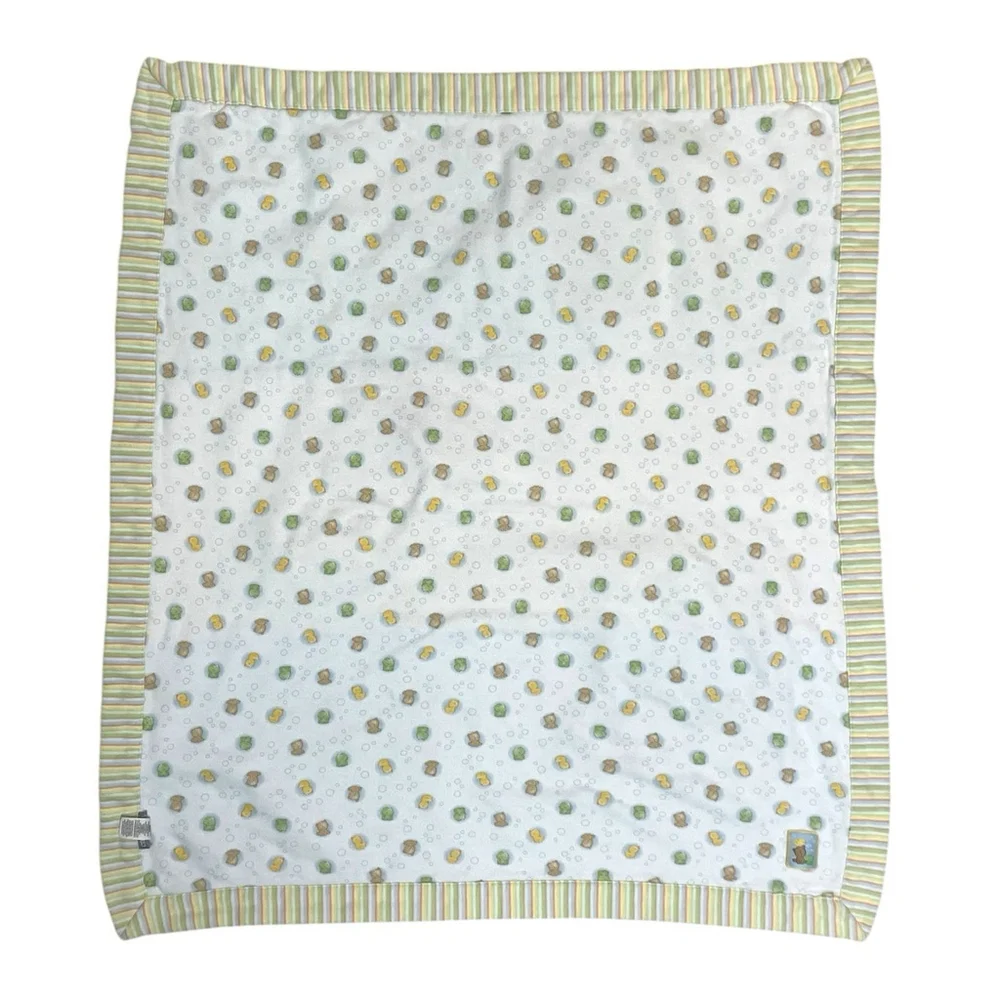 Vintage Carters Bear Duck Frog Bubbles Baby Blanket Yellow Blue Green Reversible
